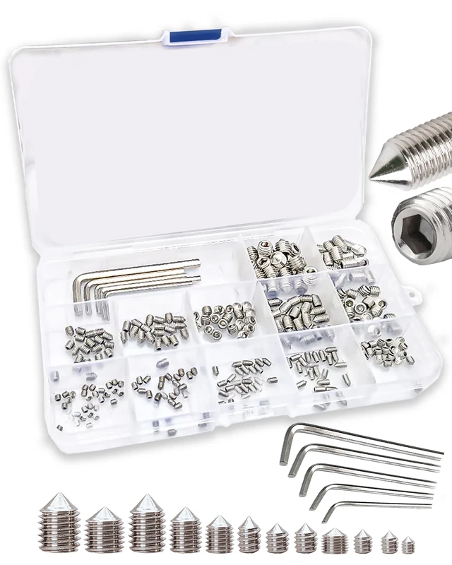 FIXXELY Grub Screws Assorted Set of 240 (M3,M4,M5,M6,M8) Cone Point & Hex Head with 5 Allen Key (M1.5,M2,M2.5,M3,M4) - 304 Stainless Steel Assorted Sizes Ideal for Door Handle, Home Repairs & Fixtures