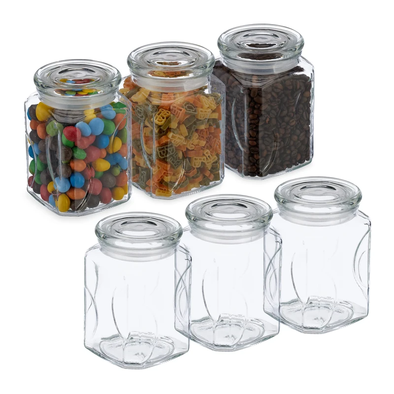 Relaxdays Set of 6, Jars, Airtight Lids, 750ml Each, Dry Food Storage, HWD: 14.5x9.5x9.5 cm, Glass, Transparent, 14.5 x 9.5 x 9.5 cm