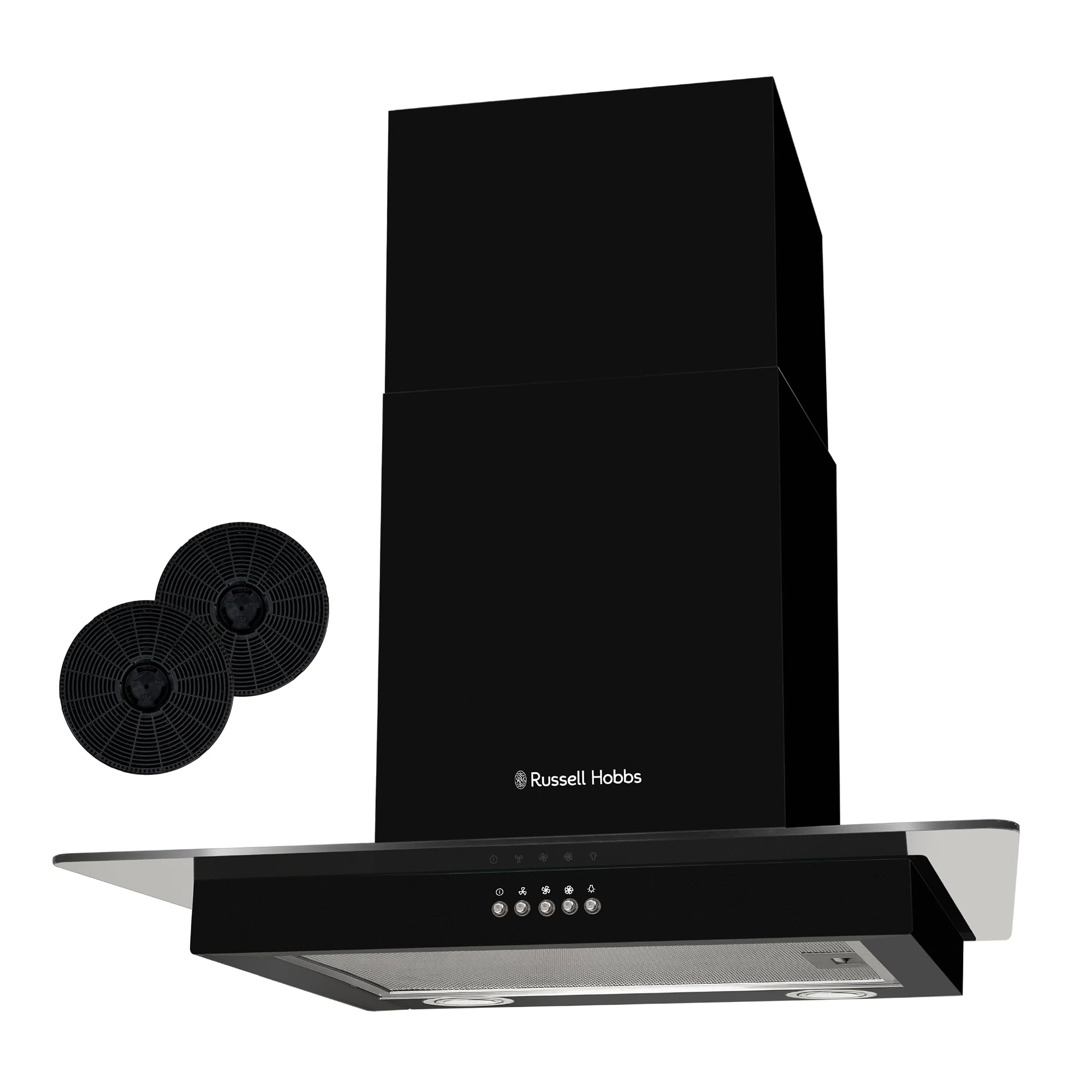 Russell Hobbs 60cm Flat Glass Cooker Hood, 3 Speed Settings, Washable Filters, ECO LED Lights, Low Noise, Extraction and Recirculation, Premium Push Button Controls, Black RHFGCH601B