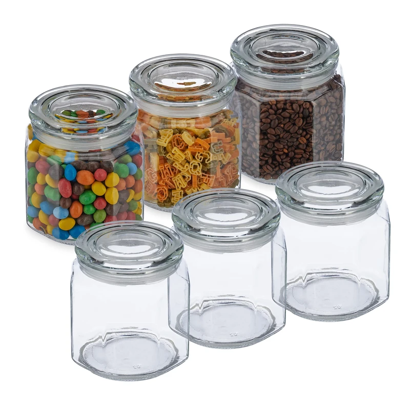 Relaxdays Set of 6, Jars, Airtight Lids, 1300ml, Dry Food Storage, HWD: 14.5x13.5x13.5 cm, Glass, Transparent, 14.5 x 13.5 x 13.5 cm - Image 1