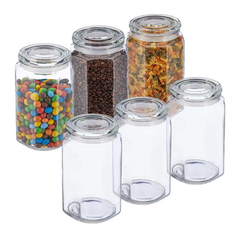 Relaxdays Set of 6, Jars, Airtight Lids, 2400ml, Dry Food Storage, HWD: 22.5x13.5x13.5 cm, Glass, Transparent, 22.5 x 13.5 x 13.5 cm