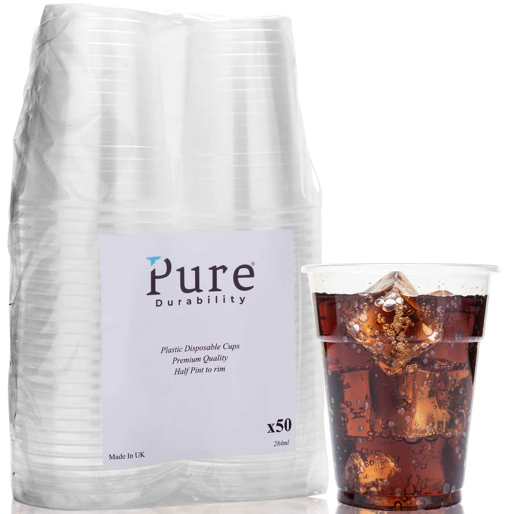 Pure Durability Plastic Half Pint Glasses 50 Pack Strong Disposable Beer Cups 284ml