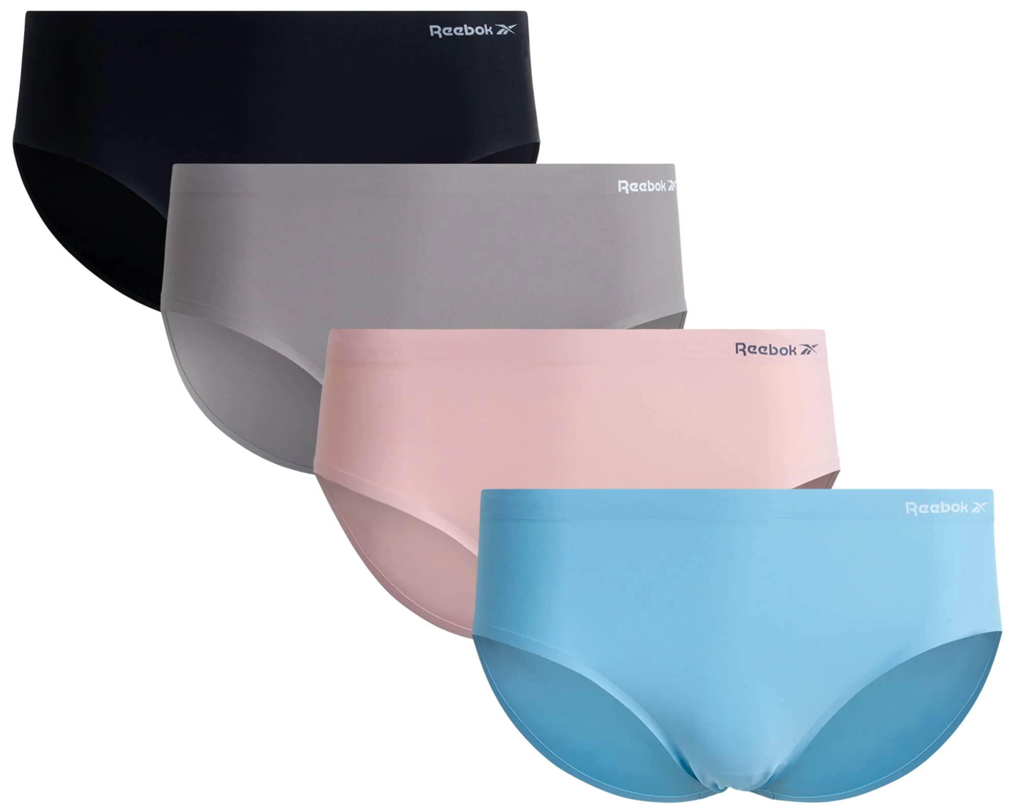 Reebok Womens Hipster Panties - 4 Pack Tag Free Stretch Performance Panties for Women - Stay-Put Seamless Underwear for Women, Blue/Lotus/Grey/Black, M