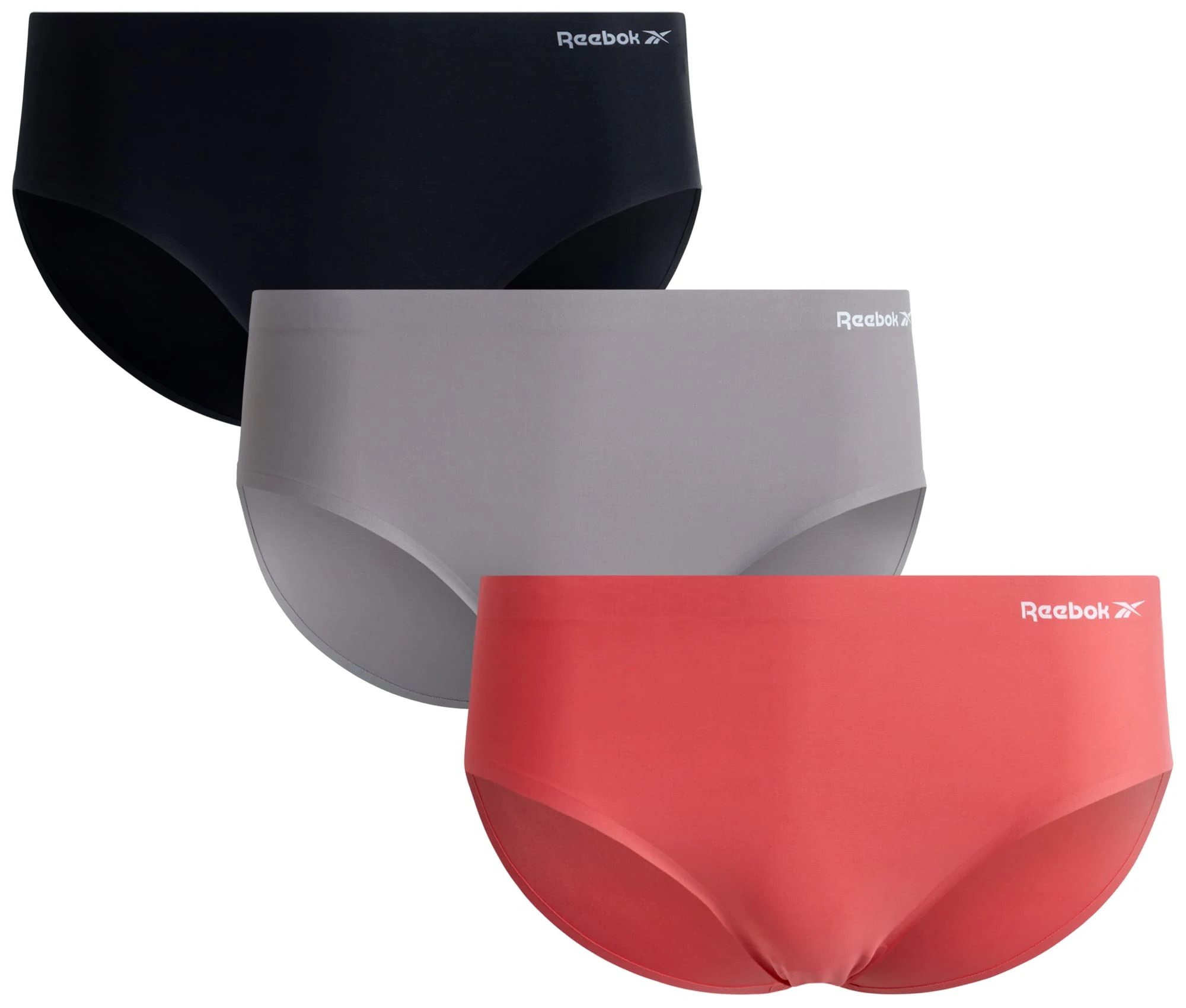 Reebok Women's Hipster Panties - 3 Pack Tag Free Stretch Performance Stay-Put Seamless Underwear for Women (Sizes: S-XL), Coral/Sharkskin/Black, M