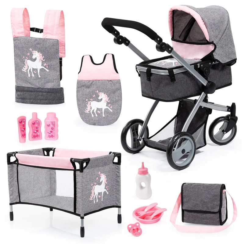 Bayer Design 18333AC Doll's pram, convertible, height adjustable, accessories, travel cot, carrier, sleeping bag, bag, jeans-grey, pink, unicorn