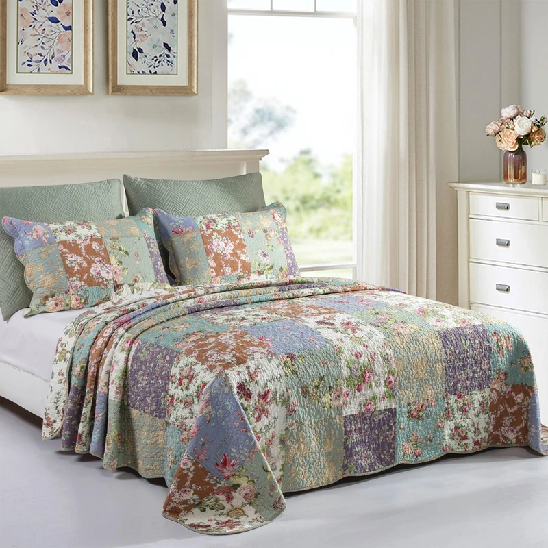 YAYIDAY Quilt King Size Patchwork Bedspread Set - 100% Cotton Reversible Breathable Floral Quilted Quilt with Pillow Shams Fit All Season
