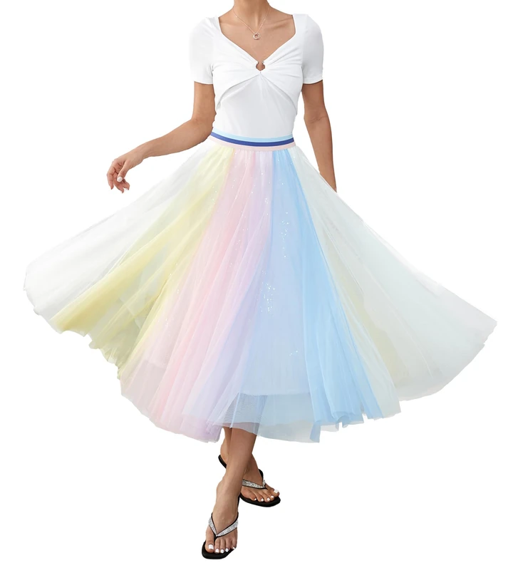 Women Pleated Long Tulle Skirt High Elastic Waist Swing Casual Maxi Skirt, 31sequins Light Rainbow, XL - Image 1