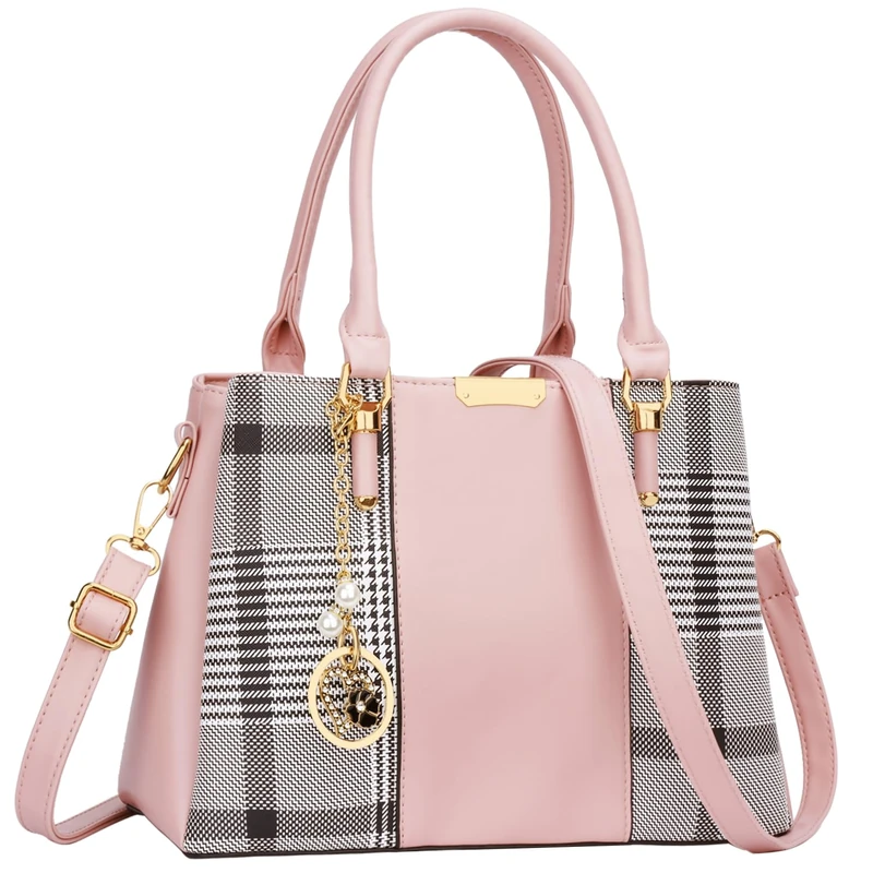 KKXIU 3 Zippered Compartments Purses and Handbags for Women Top Handle Satchel Shoulder Ladies Bags, Pink Stripe, M