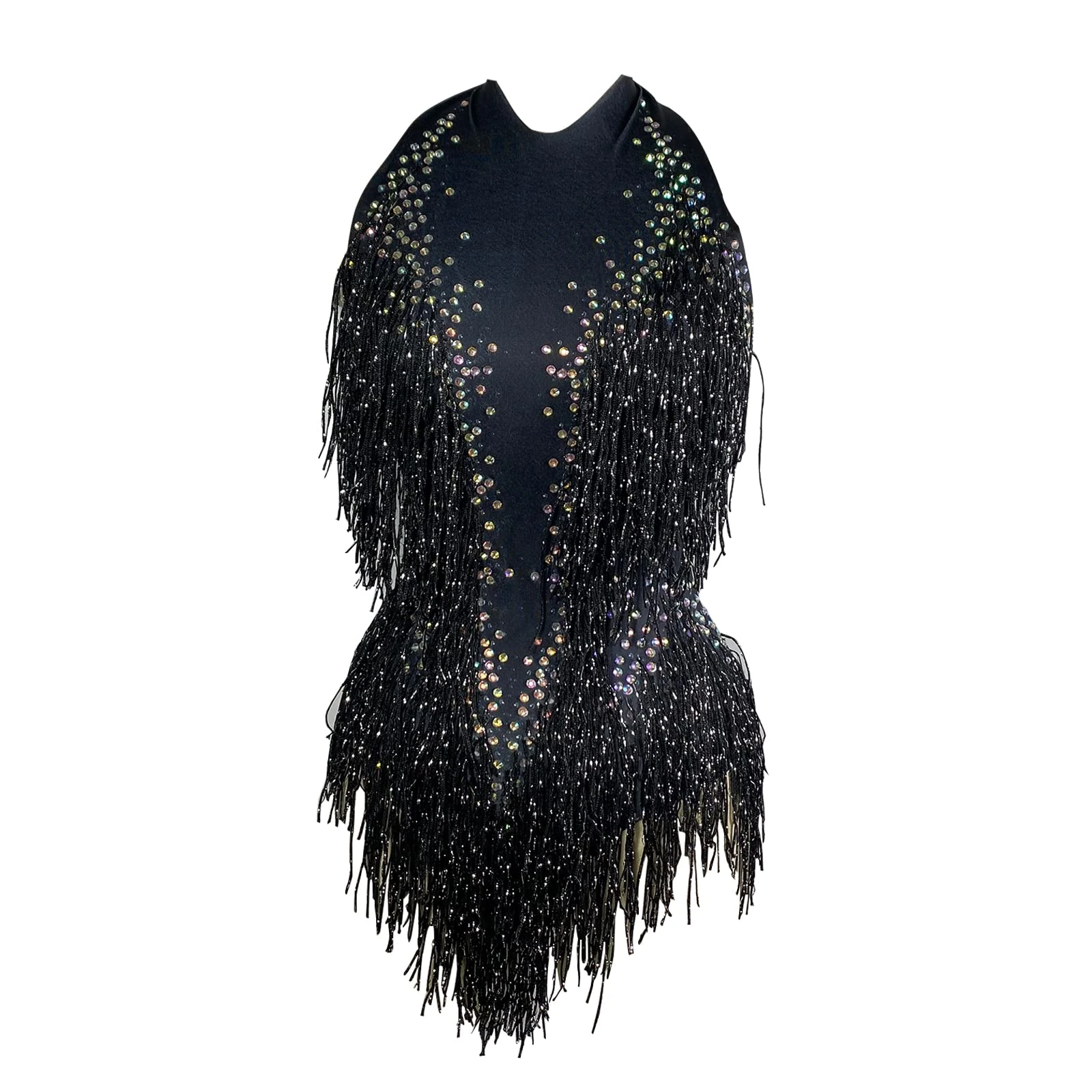 JUBAODS Sparkly Diamante Fringe Bodysuit Women Sexy Dancer Celebrate Outfit Prom Bar Birthday Nightclub Drag Queen Costume, Black, One Size