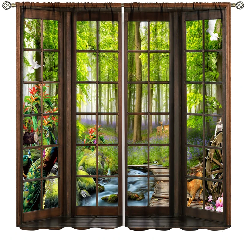 AuiMzoo Landscape Curtains, 3D Window Spring Forest Wildlife Nature Scenery, Bedroom Living Room Blackout Thermal Curtains 2 Panel Set, 63x72 Inch