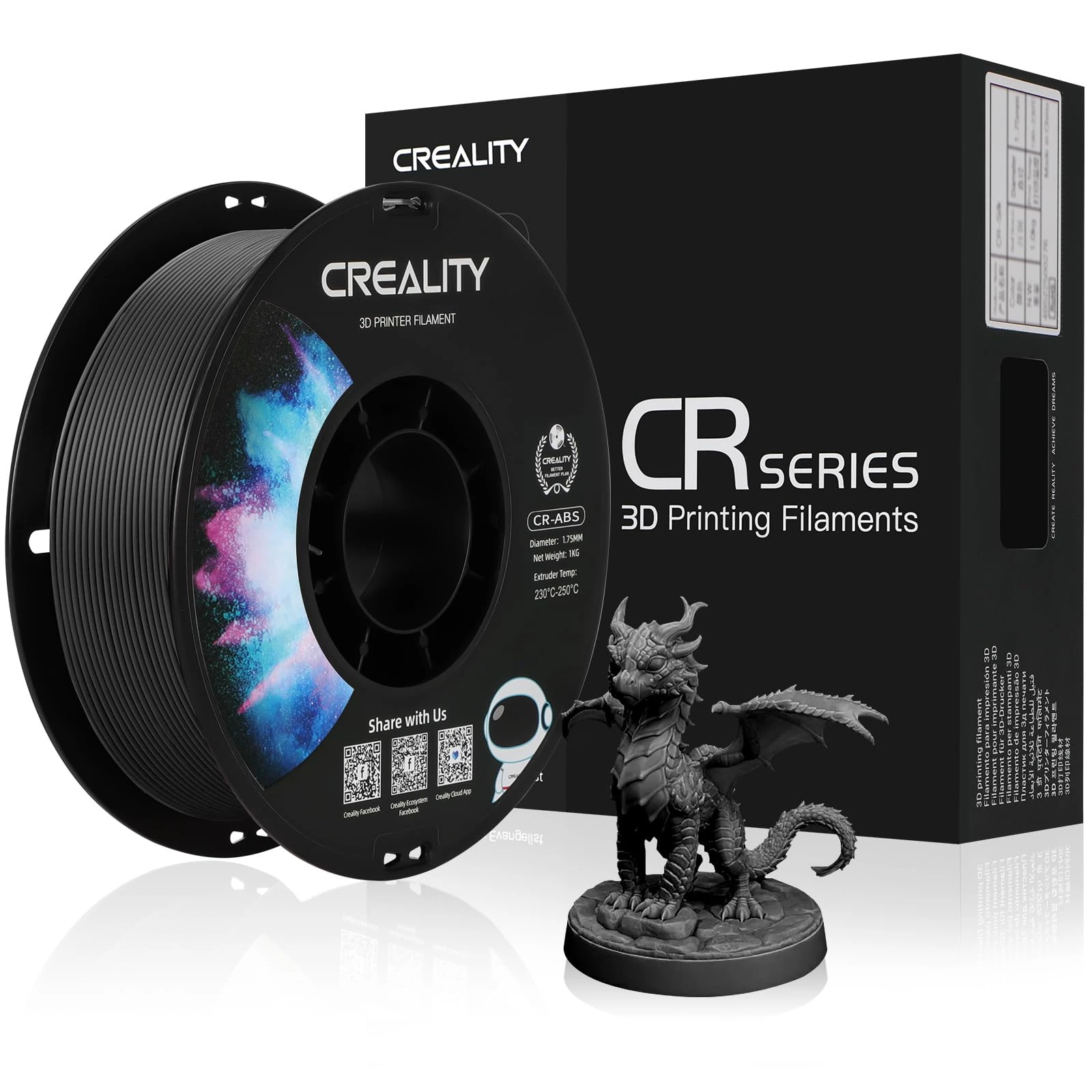 Creality ABS Filament 1.75 mm, Official 3D Printer Filament ABS No-Tangling, Strong Bonding and Overhang Performance Dimensional Accuracy +/-0.03mm, 1kg(2.2lbs)/Spool (Black)