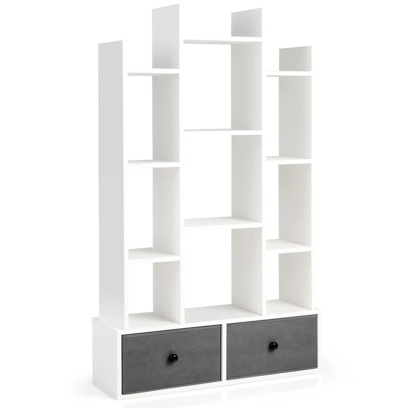 CASART Tree-Shaped Bookshelf, Wooden Bookcase with 1/2 Drawers, 7/12 Cubes & Anti-Tipping Device, Floor Standing Display Shelf for Living Room Bedroom Office (White, 12 Cubes + 2 Drawers)