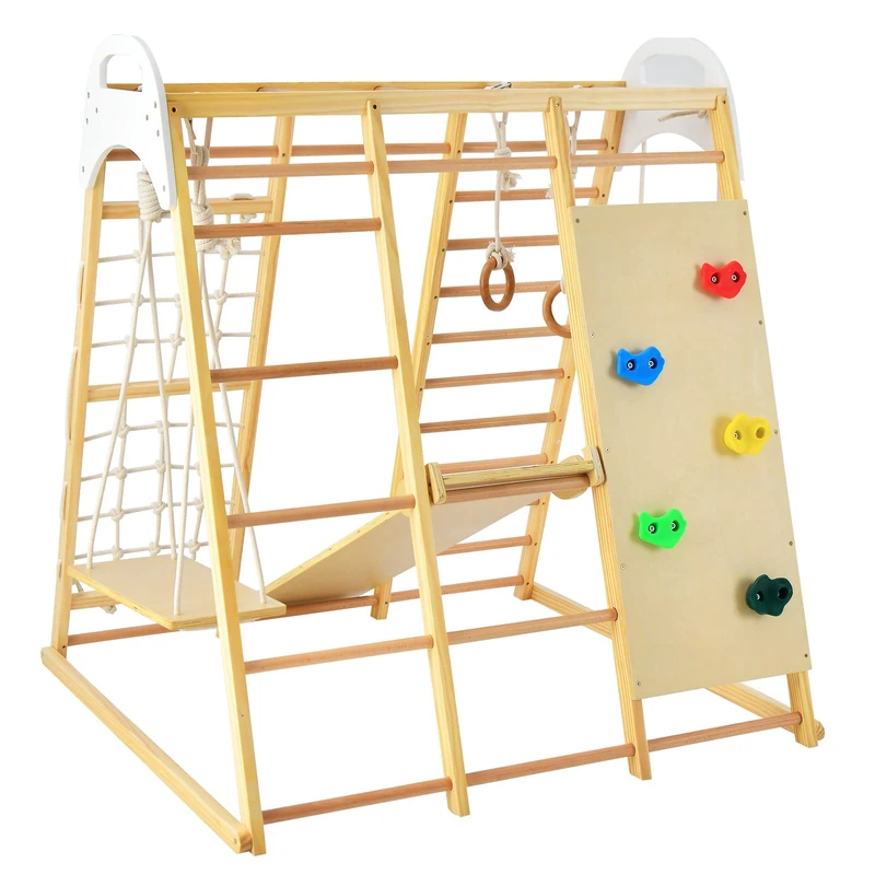 GYMAX 8 in 1 Kids Climbing Set, Indoor Playground Toddler Climber (Natural)