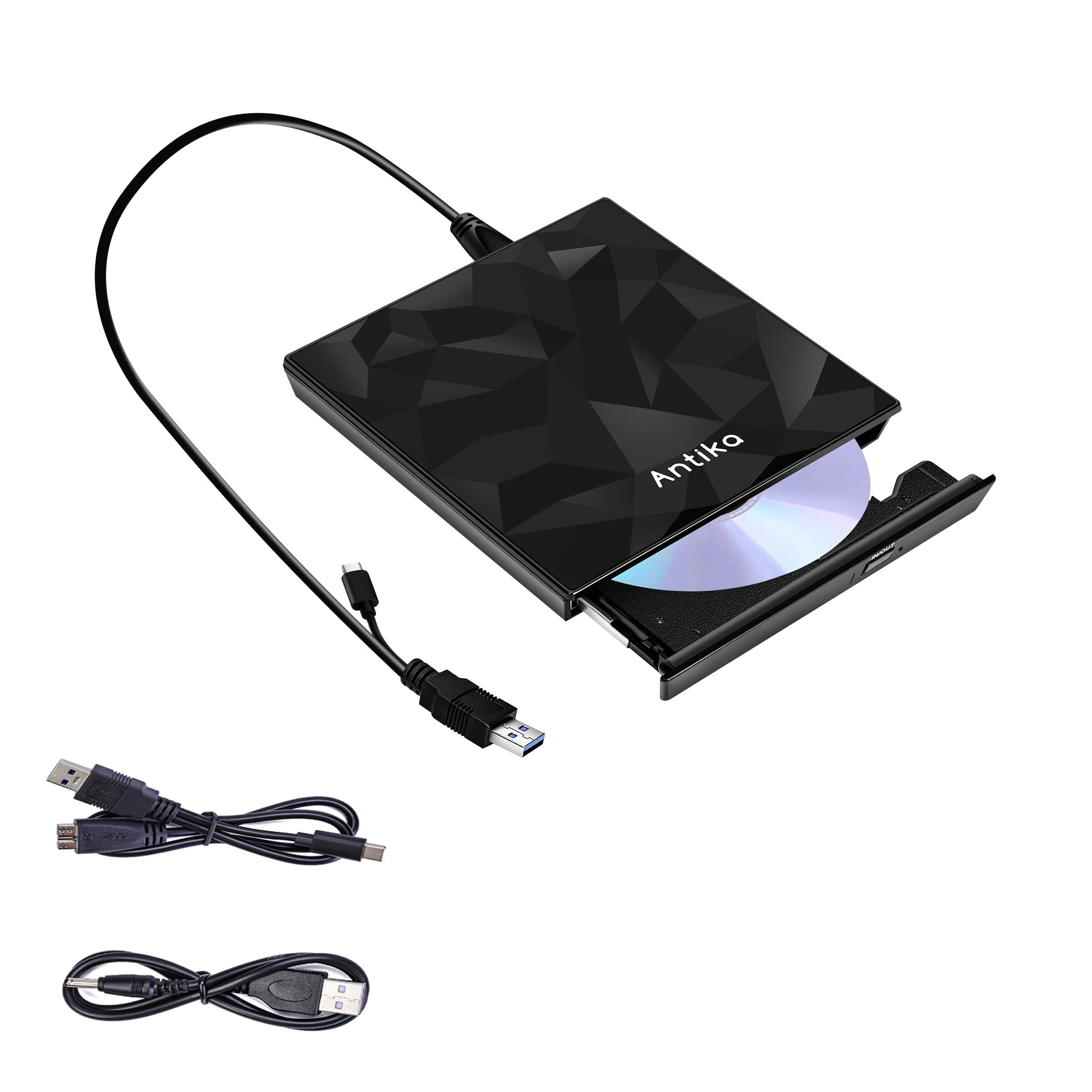 Antika External CD DVD Drive TypeC USB 3.0 Extended Cable Backup Power Line Portable DVD Player Burner Reader for Laptop Desktop PC Apple Mac Macbook Pro Windows 10/8/7/vista/xp Mac osx10.6 Above