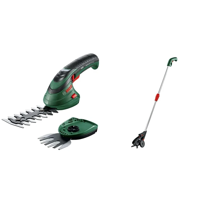 Bosch Cordless Edging Shear Set Isio (3.6 V, blade length: 12 cm, tooth spacing: 8 mm, in soft bag packaging) & System accessories Isio Telescopic Pole (80 cm - 115 cm height extension and 180° angle)