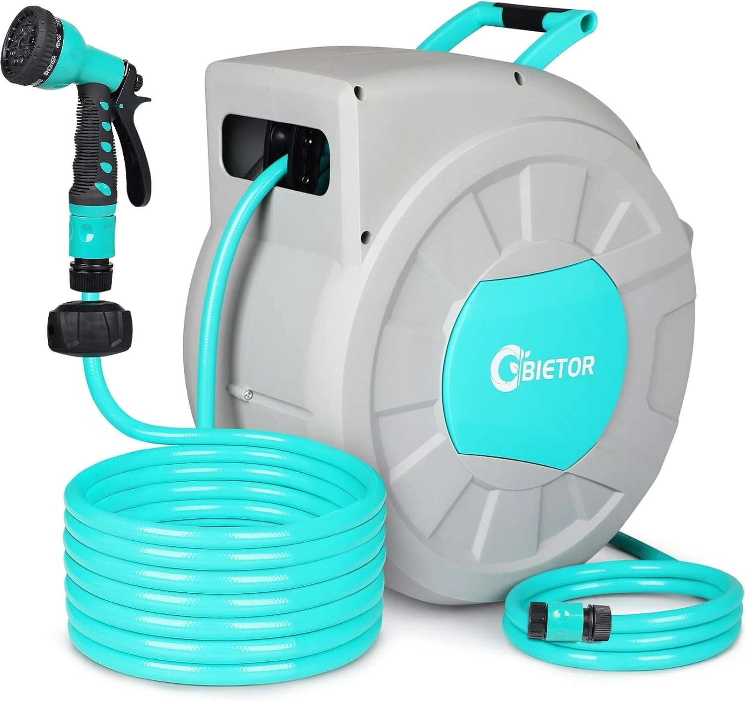 Bietor Garden Hose 28m+2m, Retractable Garden Hose Reel Flexible, Water Hose with Reel Automatic Rewind, Heavy Duty Garden Hose with 9 Patterns Spray Nozzle