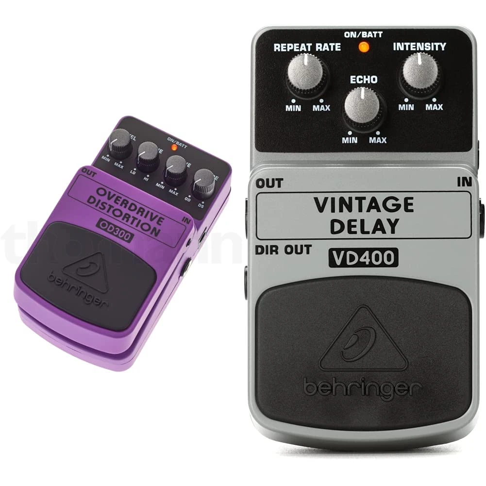 Behringer OVERDRIVE/DISTORTION OD300 2-Mode Overdrive/Distortion Effects Pedal & VINTAGE DELAY VD400 Vintage Analog Delay Effects Pedal, White