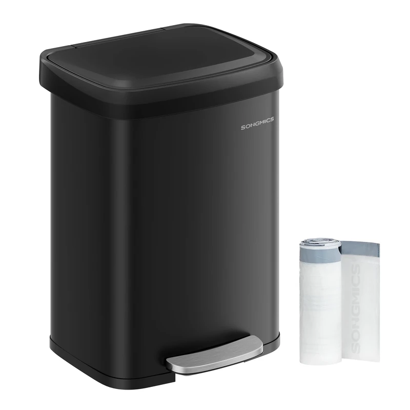 SONGMICS Kitchen Bin, 13 Gallon (50 L) Rubbish Bin, Metal Waste Pedal Bin with Lid, Tall and Large, Black LTB530B5002