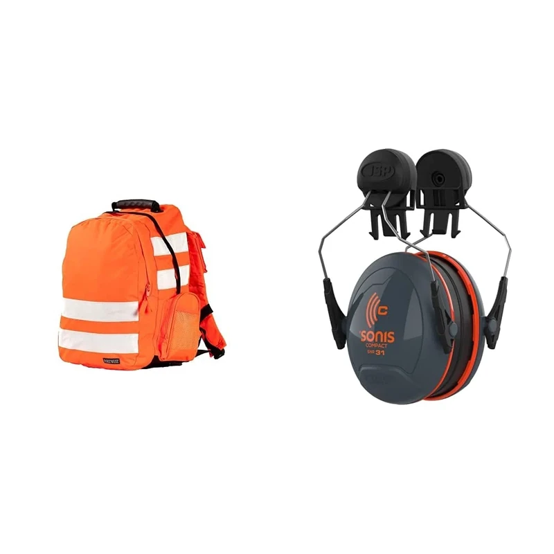 Portwest Hi-Vis Rucksack, Size: One Size, Colour: Orange, B905ORR & JSP Sonis Compact Helmet Mounted Ear Defenders - SNR 31 - (AEB030-0CY-000)