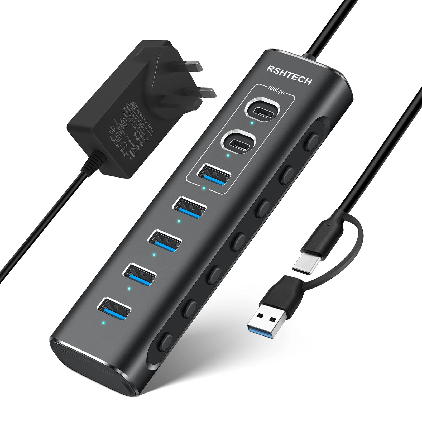 Powered USB 3.1/3.2 Hub RSHTECH 7-Port USB C Hub with 10Gbps USB-A and 2 USB-C Data Ports + 4 USB 3 Port, Aluminum USB Splitter with 12V Power Supply and 3.3ft USB Cable (RSH-A107C), Black