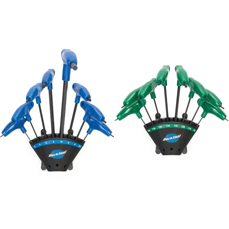 Park Tool PH-1.2 P-Handled Hex Wrench Set with Holder Tool, Blue & PH-T1.2 P-Handled Torx Compatible Driver Set with Holder-Shaped Wrench Set Tool Size T6/Size T8/Size T10/Size T15/Size T20/Size T25