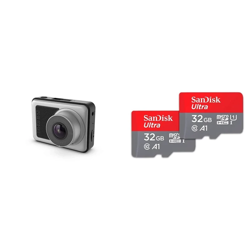 KitVision Dash Cam 720p Observer Dashcam – Black/Silver & SanDisk Ultra 32 GB microSDHC Memory Card + SD Adapter with A1 App Performance Up to 120 MB/s, Class 10, U1 (Twin Pack) - Image 1
