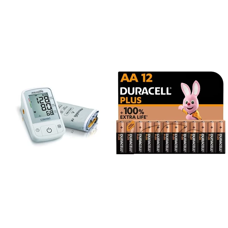 Microlife BPA2-B Microlife A2 Basic Portable Automatic Upper Arm Blood Pressure & Pulse Monitor & Duracell Plus AA Alkaline Batteries [Pack of 12], 1,5V LR6 MN1500 - Image 1