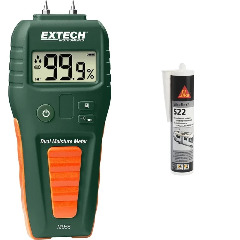 Extech MO55 Combination Pin/Pinless Moisture Meter, Green & Sikaflex 522 Caravan and Motor Home Adhesive Sealant Cartridge, White, 300 ml (new version)