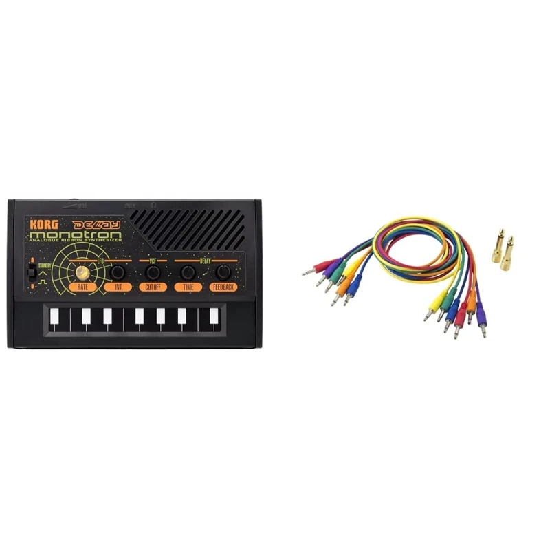 Korg - MONOTRON-DELAY Analog Ribbon Synth with Delay Effect and Built-in Speaker & SQ-CABLE6-75cm Mini Jack Patch Leads with Two Adaptors - Pack of 6 - Mixed Colours