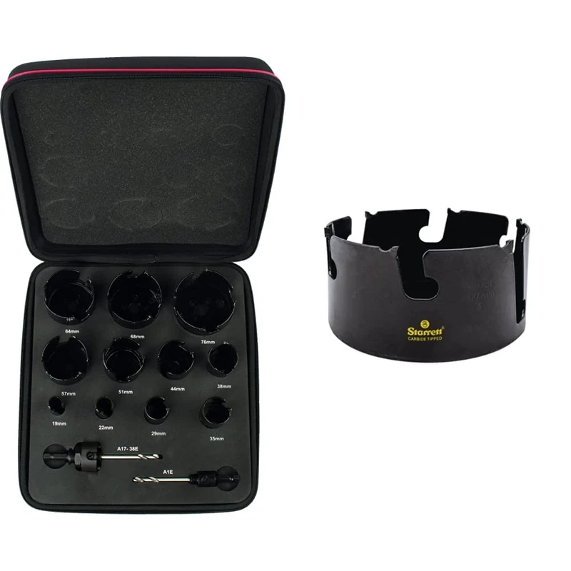 Starrett Tungsten Carbide Tipped Holesaw Kit - 13-Piece KMP11021 Multi Purpose Cut TCT Hole Saw Cutter Kit & MPH0500 Tungsten Carbide Tipped Holesaw Multi Purpose Cut TCT Hole Saw Cutter - Black,127mm