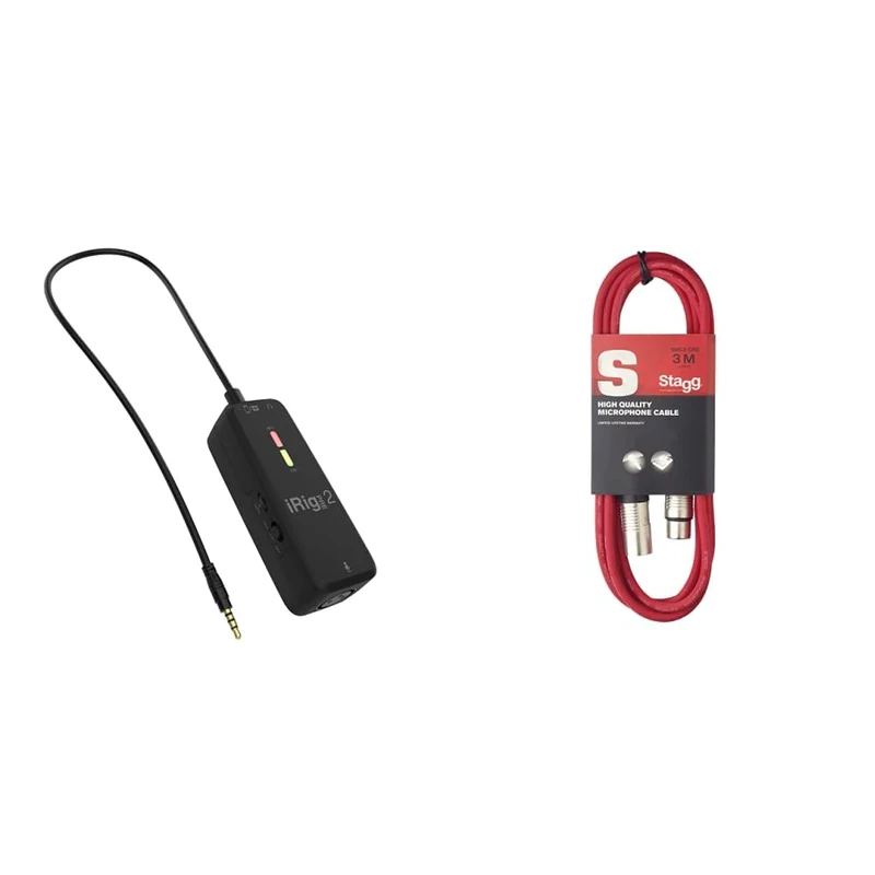 IK Multimedia iRig Pre 2 XLR Mic Interface and Preamp: Interface IP-IRIG-PRE2-IN & Stagg SMC3 CRD 3 m XLR to XLR Microphone Cable - Red
