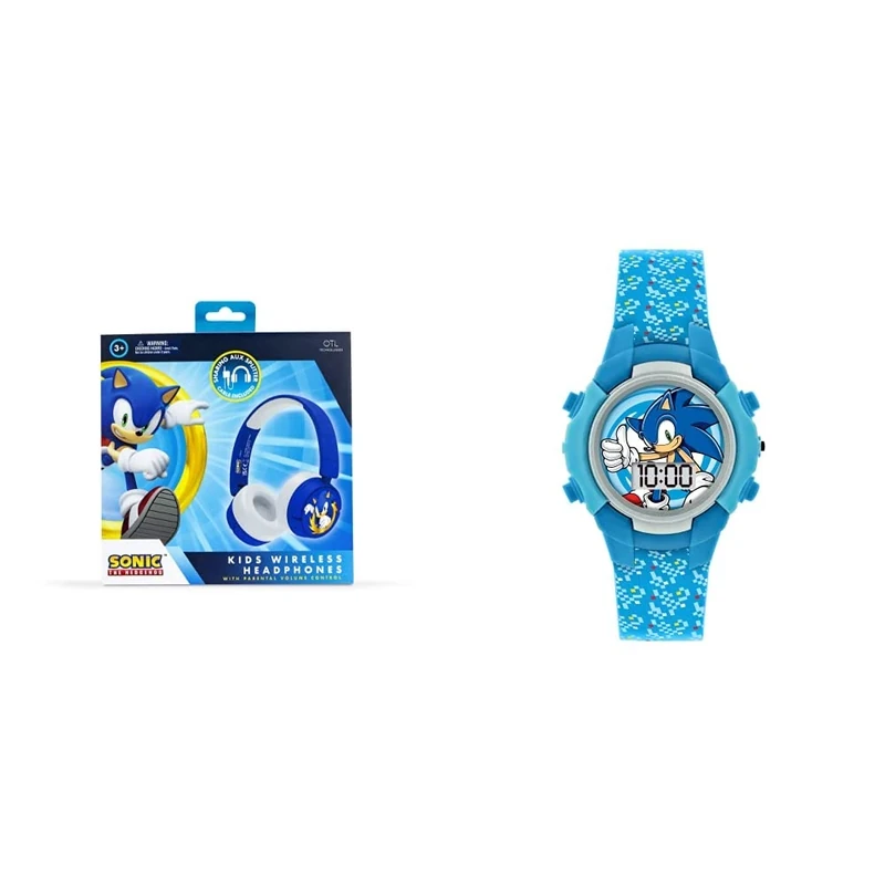 OTL Technologies SH0985 Sonic The Hedgehog Kids Wireless Headphones Blue & Sonic Boy's Digital Quartz Watch with Silicone Strap SNC4036 - Image 1
