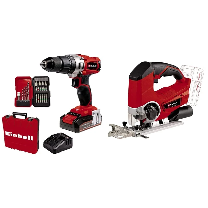Einhell Power X-Change 44Nm Cordless Drill Driver with Battery and Charger & Power X-Change 18V Cordless Jigsaw with Angle Adjustment - Battery Powered Electric Saw to Cut Wood, Plastic and Metal