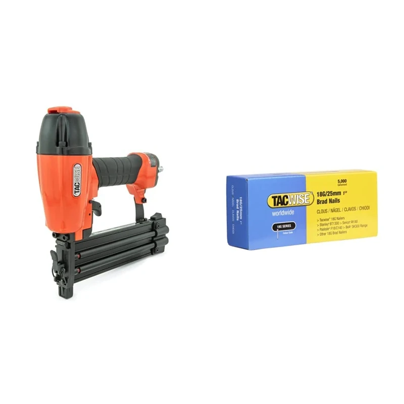 Tacwise DGN50V Air Brad Nail Gun, Uses Type 180 (18G) / 20-50 mm Nails, Orange/Black & 0396 Type 18G / 25 mm Galvanised Brad Nails, Silver, Pack of 5,000