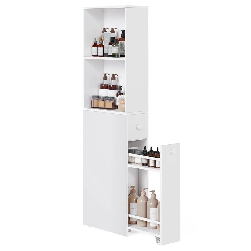 VASAGLE Tall Bathroom Cabinet, Slim Bathroom Storage Cabinet, Freestanding Narrow Storage Unit with Drawers and Adjustable Shelf, for Small Spaces, Modern Style, Classic White BBK567T14