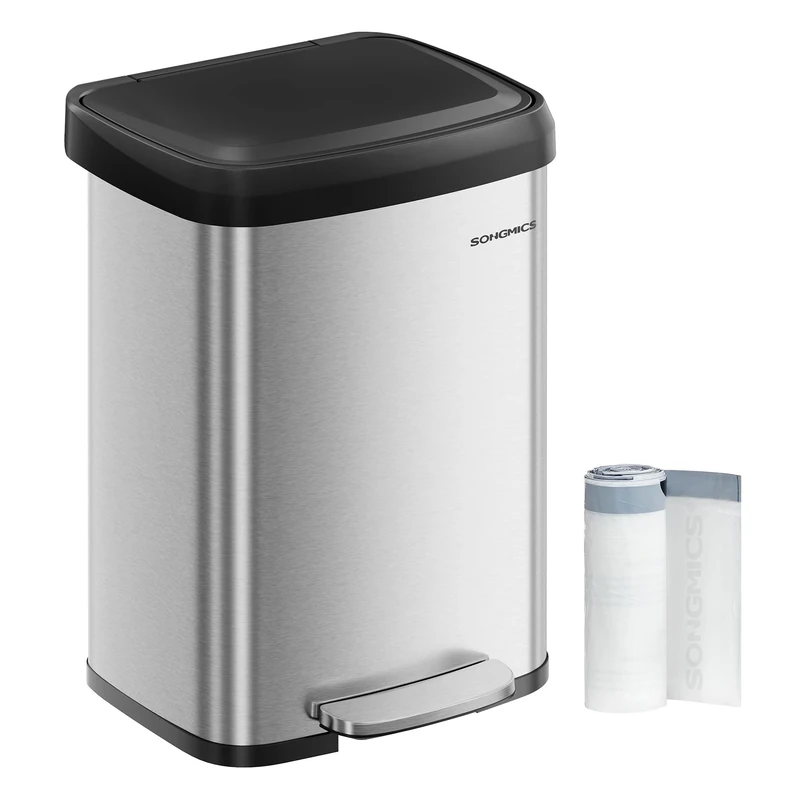SONGMICS Kitchen Bin, 13 Gallon (50 L) Rubbish Bin, Metal Waste Pedal Bin with Lid, Tall and Large, Silver and Black LTB530E50