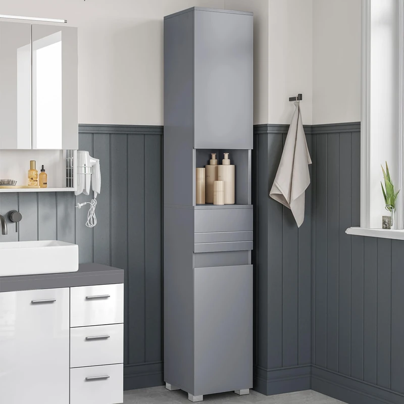 VASAGLE Tall Bathroom Cabinet, Slim Storage Cabinet, Narrow Cupboard, Bathroom Storage Unit, with a Drawer, Adjustable Shelves, 30 x 30 x 170 cm, Mystic Grey BBC560P36