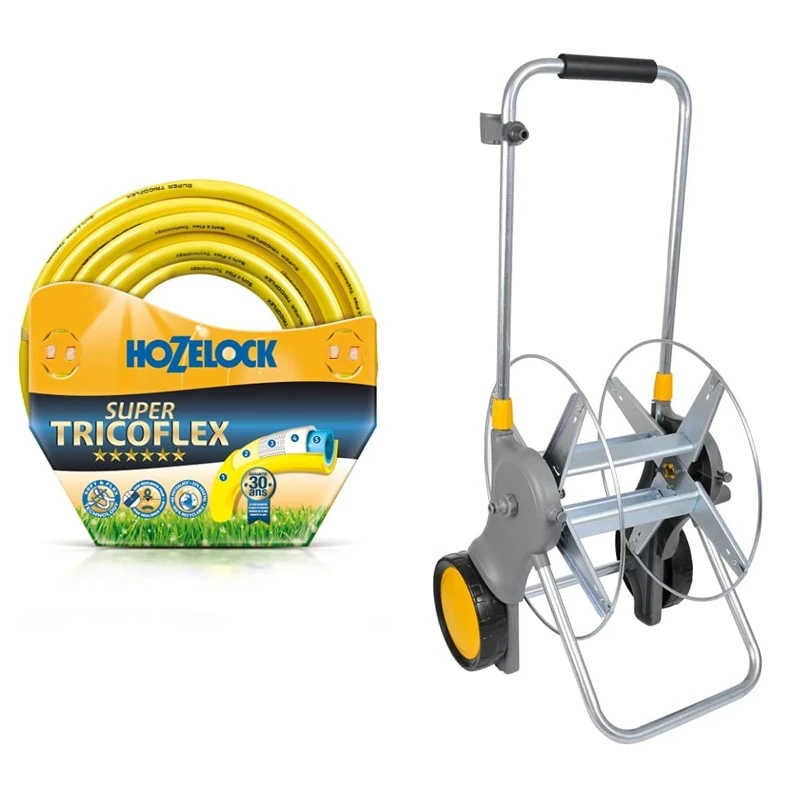 Hozelock Super Tricoflex 00110140 Ultimate Multi Garden Hose - Diameter 12.5 mm/Length 100 m & 2460 0000 90m Assembled Metal Hose Cart, Grey