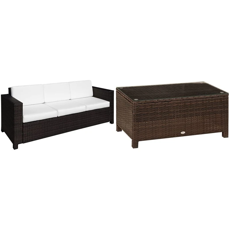 Outsunny 3 Seater Rattan Sofa All-Weather Wicker Weave Metal Frame Chair with Fire Resistant Cushion - Brown & Rattan Garden Furniture Coffee Table Patio Tempered Glass (Mixed Brown)