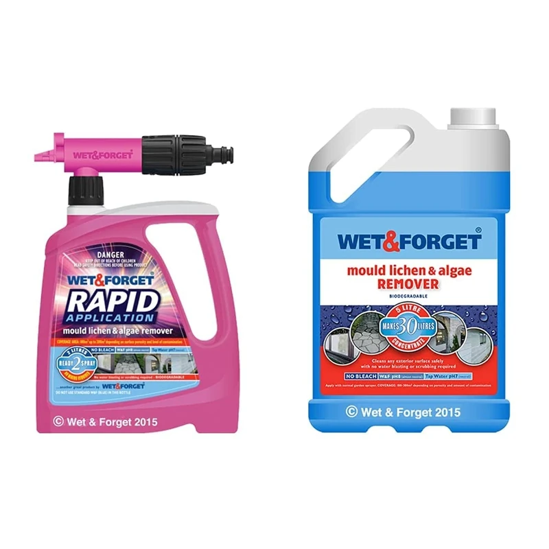 Wet & Forget Mould Lichen and Algae Remover Rapid Applicator with Reach Nozzle, Liquid, Pink, 2 Litre & Mould, Lichen & Algae Remover, Outdoor Cleaning Solution, Black Mould Remover, 5 Litre