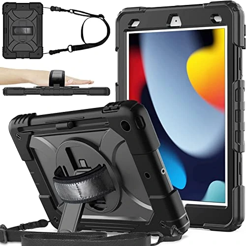 SINSO iPad 9th/8th/7th Generation 10.2 Inch Case - Shockproof 360 Rotating Stand With Shoulder Hand Strap and Pencil Holder for 2021/2020/2019 - Black