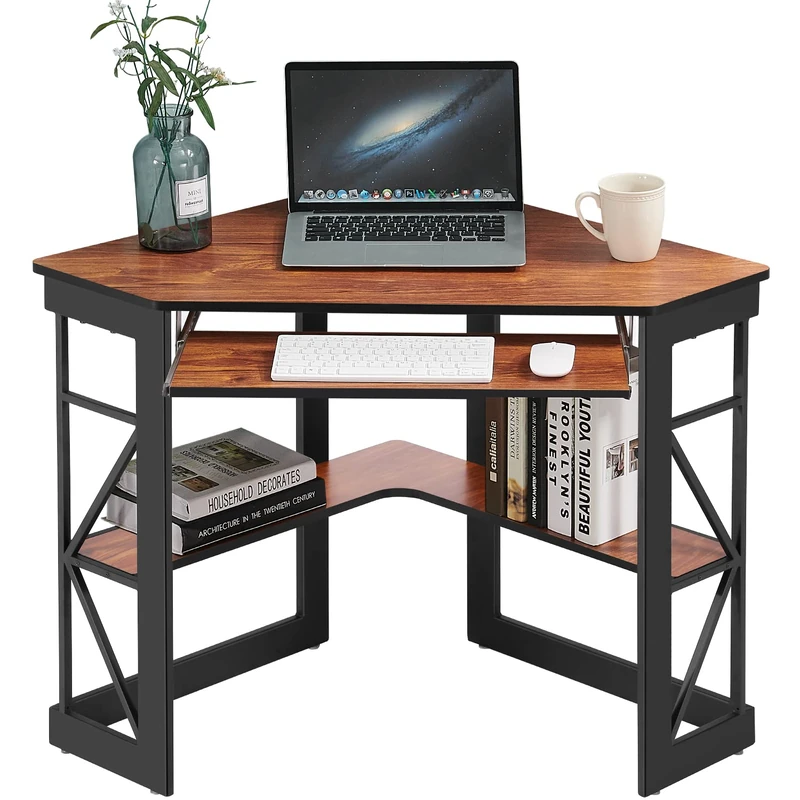 VECELO Corner Computer Desk Simple Style Writing Desk with Smooth Keyboard & Storage Shelves for Study Room, Home Office
