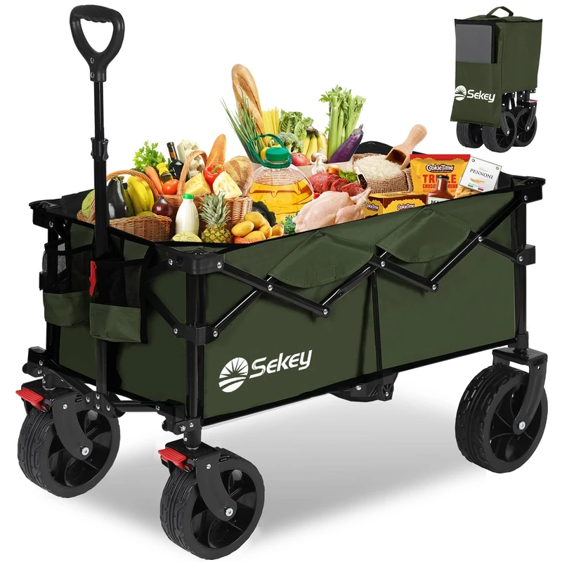 Sekey XXL Foldable Handcart with Brakes 150L 150 kg, Wide Tyres All Terrain, Patented Foldable from 4 Directions, No Assembly Required, XXL 4020, Dark Green