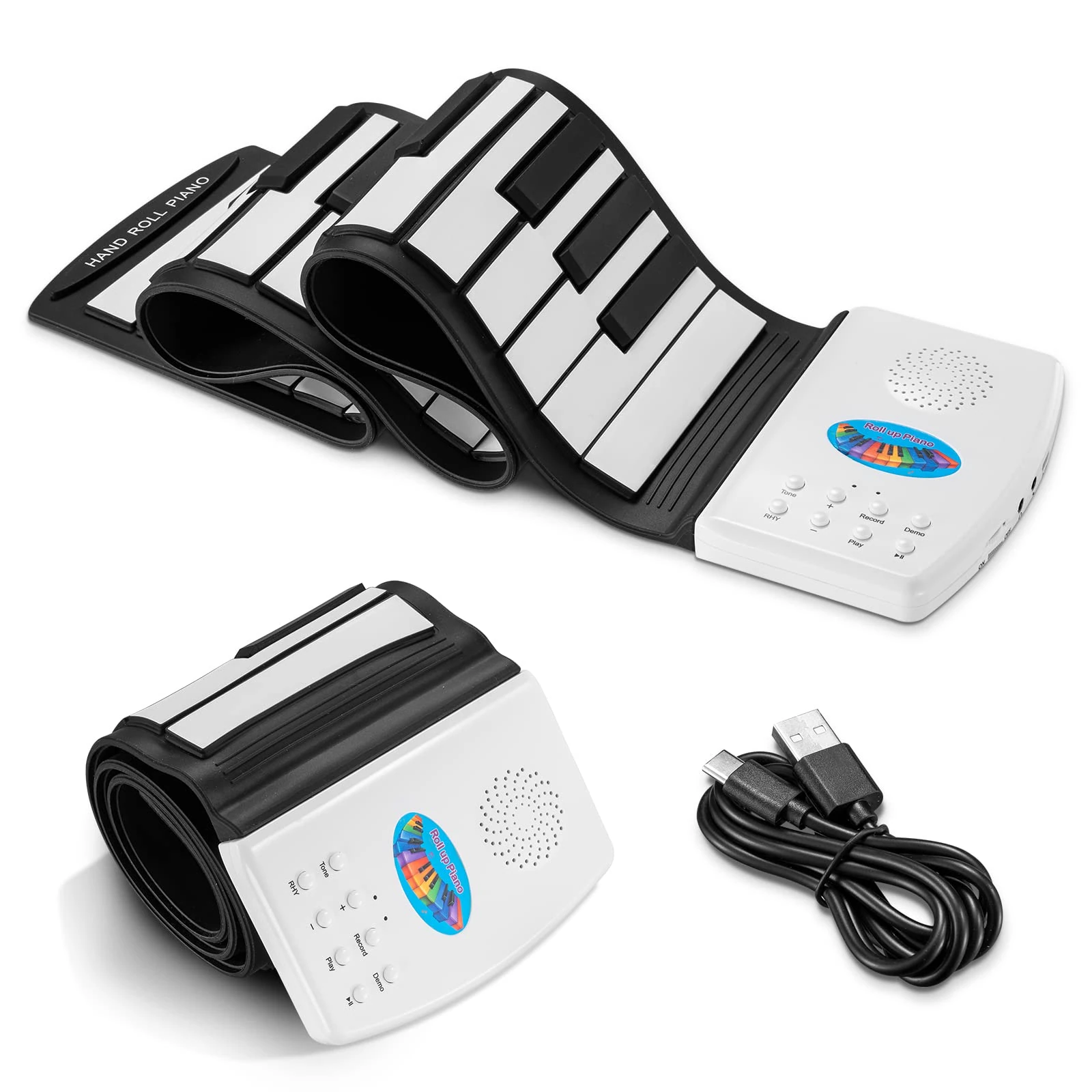 POGOLAB 49 Keys Hand Roll up Keyboard Piano, Digital Electric Folding Piano with 47 Tones 14 Demo 128 Rhymes Microphone Earphones Jack,Portable Rechargeable Mini Silicone Piano for Beginners