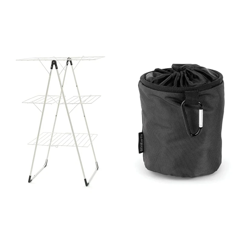 Brabantia 477843 Tower Drying Rack, 23 m - Ivory & Premium Peg Bag - with Closing Cord - Durable and Weather Resistant - Storage for up to 150 Pegs - Rotary Dryer - Black - 28 x 18 x 17.5 cm