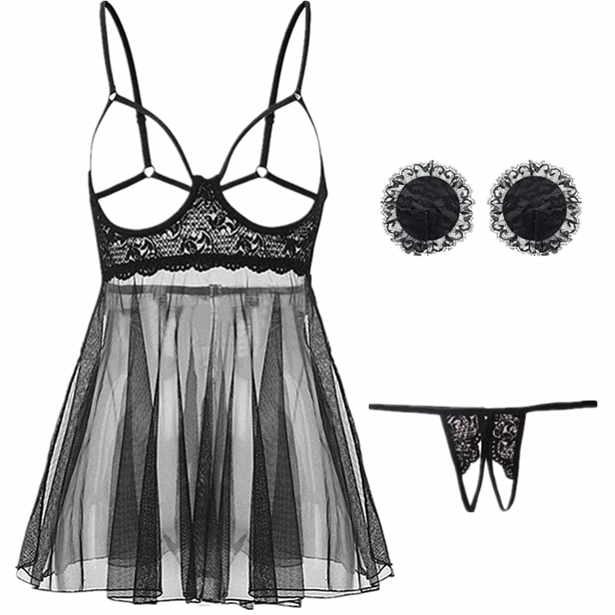 Women Sexy Maid Costume Sheer French Maid Outfits Mini Dress Servant Cosplay Lingerie Lace Babydoll Cute Apron Fancy Uniform for Christmas Suit Halloween Roleplay Sleepwear Nightdress (Style B)