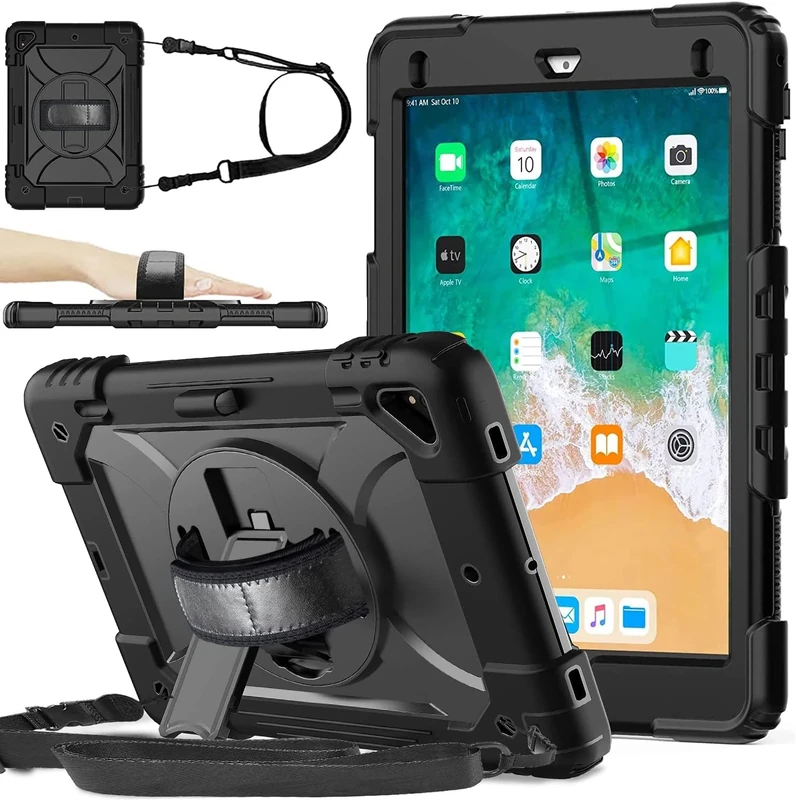 SINSO iPad 6th Generation Case, iPad 5th Generation Case, iPad 9.7 Case, Shockproof [360 Swivel Stand][Hand Strap][Pencil Holder] Kids Case for iPad 9.7 inch 2018/2017, iPad Air 2/1, Black