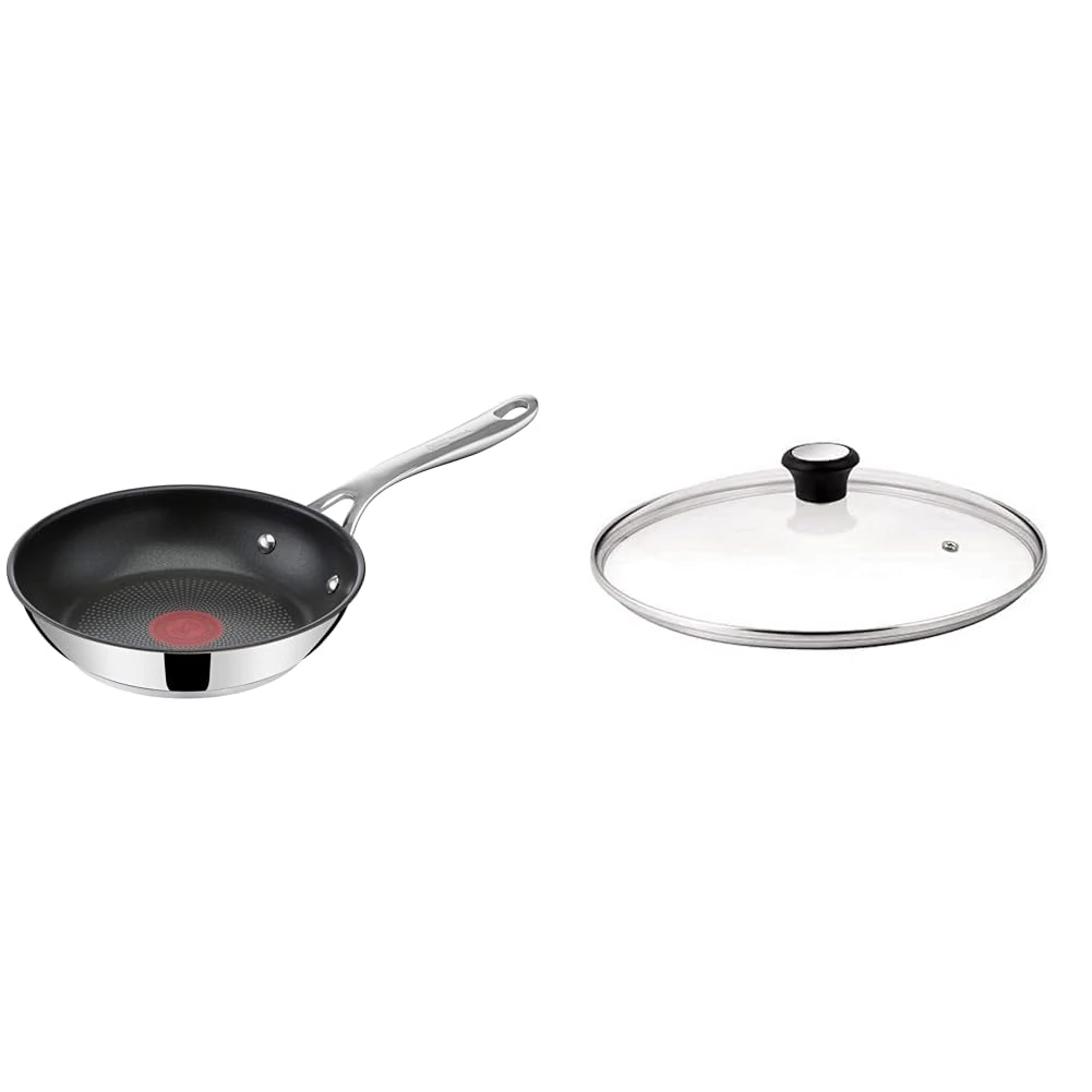Tefal Jamie Oliver Cook's Direct Stainless Steel Frying Pan, 20 cm, Non-Stick Coating & 28097312 Compatible Glass Lid, 20 cm - Transparent