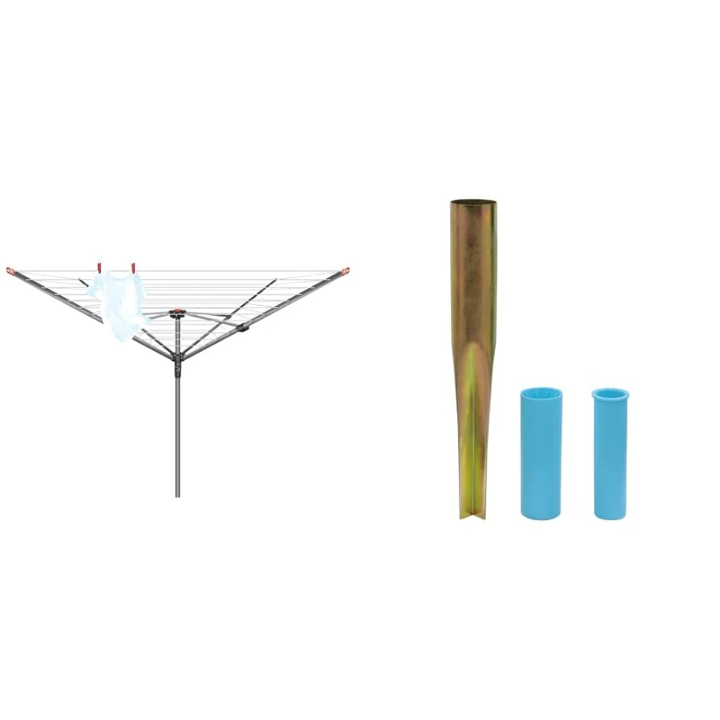 Vileda 4 Arm Rotary Dryer, Outdoor Clothes Airer with 45m washing Line, Silver & JVL Heavy Duty Multi Fit Ground Soil Spear Spike with Adaptor to fit 32, 38, 50 MM Diameter Poles, Silver, One Size