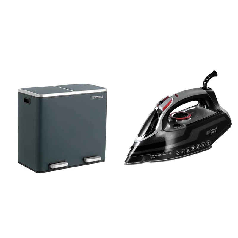 SONGMICS Recycling Bin, Double Trash Can, 2 x 24L, with 2 Compartments, Soft-Close Lids, Pedals & Russell Hobbs Powersteam Ultra 3100 W Vertical Steam Iron 20630 - Black and Grey